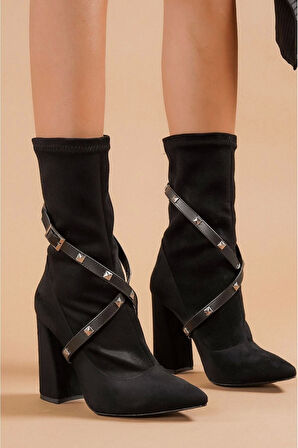 Kadın Sivri Burun Streç Süet Bot Tokalı Detaylı Kalın Topuklu Modern Şehir Stili Ayakkabı