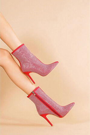 Kadın Taş Detaylı Bilek Boy İnce Topuklu Modern Şık Sivri Burun Zarif Bot