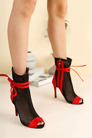 Kadın Moda Fileli Tasarım İpli İnce Topuklu Ayakkabı Şık ve Zarif Abiye Ayakkabı