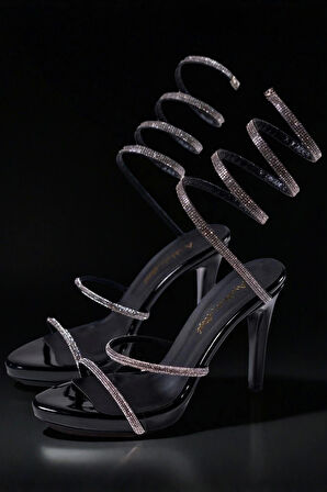 Kadın Işıltılı Spiral Bilekli Yüksek Topuklu Ayakkabı Taş Bant Detaylı Gece Model