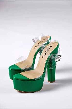 Kadın Moda Şeffaf Bantlı Yüksek Kalın Topuklu Ayakkabı Şık ve Zarif Abiye Ayakkabı