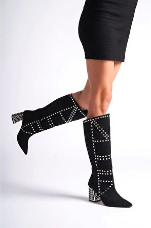 Kadın Moda Zımbalı Tasarım Kısa Topuklu Çizme Şık ve Zarif Abiye Ayakkabı