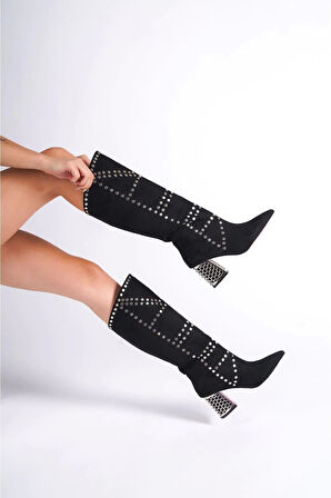 Kadın Moda Zımbalı Tasarım Kısa Topuklu Çizme Şık ve Zarif Abiye Ayakkabı