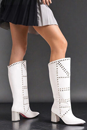 Kadın Moda Zımbalı Tasarım Kısa Topuklu Çizme Şık ve Zarif Abiye Ayakkabı