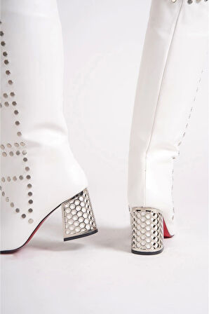 Kadın Moda Zımbalı Tasarım Kısa Topuklu Çizme Şık ve Zarif Abiye Ayakkabı