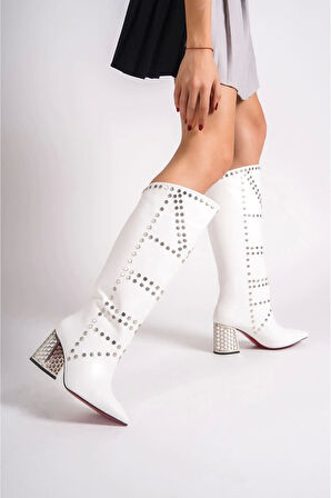 Kadın Moda Zımbalı Tasarım Kısa Topuklu Çizme Şık ve Zarif Abiye Ayakkabı