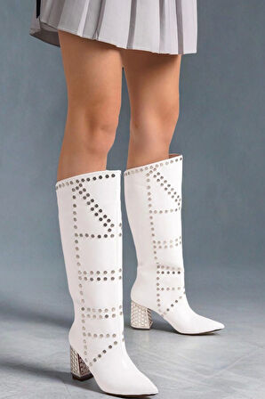 Kadın Moda Zımbalı Tasarım Kısa Topuklu Çizme Şık ve Zarif Abiye Ayakkabı