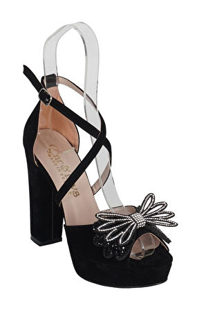 Siyah Süet Taşlı Kadın Abiye Ayakkabı Kadın Topuklu Şık Gece Ayakkabısı Zarif Tasarım