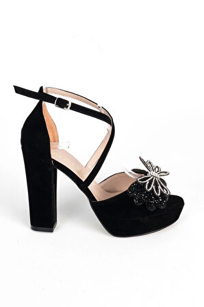 Siyah Süet Taşlı Kadın Abiye Ayakkabı Kadın Topuklu Şık Gece Ayakkabısı Zarif Tasarım