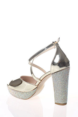 Kadın Gold Ayna Ökçe Poli Taş Abiye Ayakkabı Kadın Topuklu Şık Gece Ayakkabısı Zarif Tasarım