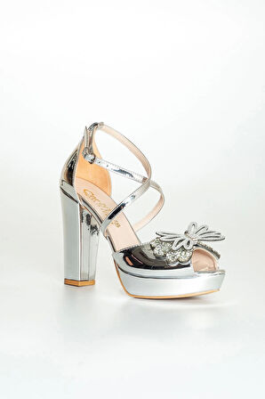 Gümüş Ayna Taşlı Kadın Abiye Ayakkabı Kadın Topuklu Şık Gece Ayakkabısı Zarif Tasarım