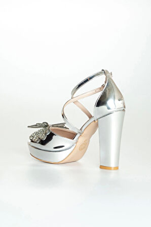 Gümüş Ayna Taşlı Kadın Abiye Ayakkabı Kadın Topuklu Şık Gece Ayakkabısı Zarif Tasarım