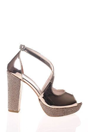 Kadın Gold Ayna Ökçe Poli Taş Abiye Ayakkabı Kadın Topuklu Şık Gece Ayakkabısı Zarif Tasarım