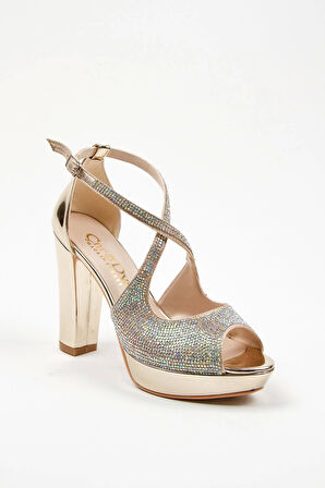 Gold Yüz Taş Topuklu Kadın Abiye Ayakkabı Kadın Topuklu Şık Gece Ayakkabısı Zarif Tasarım