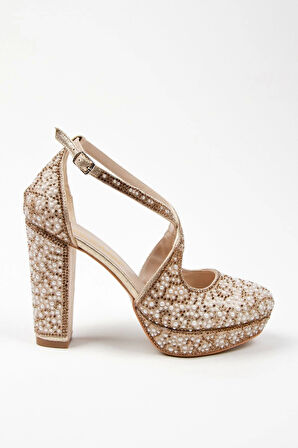 Gold Full Inci Taş Topuklu Kadın Abiye Ayakkabı Kadın Topuklu Şık Gece Ayakkabısı Yüksek Topuk