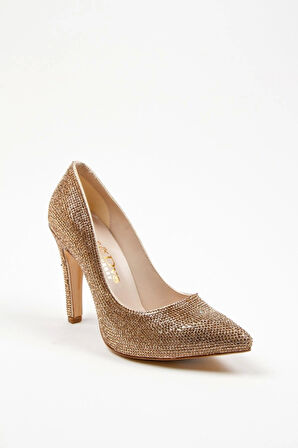 Gold Full Taş Aynalı Klasik Topuklu Kadın Abiye Ayakkabı Kadın Topuklu Şık Gece Ayakkabısı