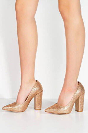 Gold Sultan Taşlı Klasik Sivri Kalın Topuklu Kadın Abiye Ayakkabı Kadın Topuklu Şık Gece Ayakkabısı