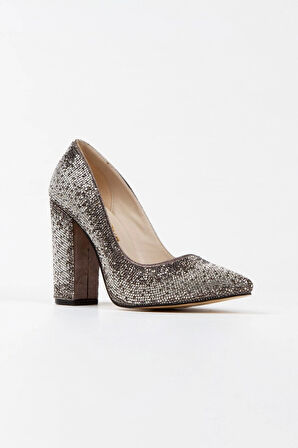 Gümüş Sultan Çift Renktaşlı Klasik Sivri Kalın Topuklu Kadın Abiye Ayakkabı Kadın Topuklu Şık