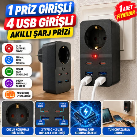 Isıya Dayanıklı Termal Akım Korumalı 1 Priz Girişli 2 USB Girişli 2 TYPE-C Girişli Pirz (adet fiyatıdır)