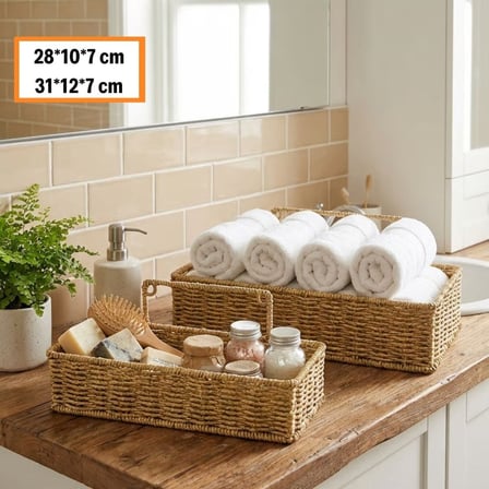 2’li Duvar Askılı Plastik Rattan Organizer – Dikdörtgen Hasır Görünümlü Mutfak Raf Sepeti, Banyo ve Ev İçi Düzenleme Ünitesi