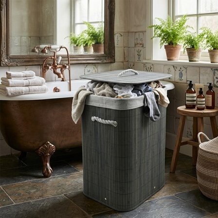 Gri Dikdörtgen 40X30CM - Y:60CM Bambu Ahşap Kirli Çamaşır Sepeti Seyyar Kapaklı Kumaş Çantalı İp Kulplu