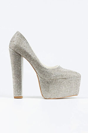 Gold Full Taşlı Klasik Sivri Kalın Topuklu Sivri Platformlu Kadın Abiye Ayakkabı Kadın Topuklu Şık