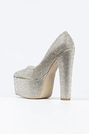 Gold Full Taşlı Klasik Sivri Kalın Topuklu Sivri Platformlu Kadın Abiye Ayakkabı Kadın Topuklu Şık