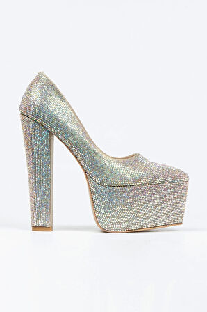 Gold Full Taşlı Klasik Sivri Kalın Topuklu Sivri Platformlu Kadın Abiye Ayakkabı Kadın Topuklu Şık