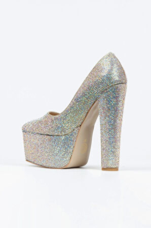 Gold Full Taşlı Klasik Sivri Kalın Topuklu Sivri Platformlu Kadın Abiye Ayakkabı Kadın Topuklu Şık