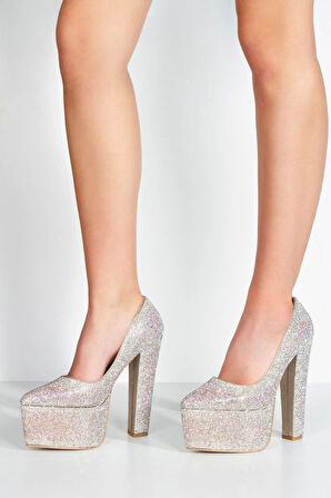 Gold Full Janjan Taşlı Klasik Sivri Kalın Topuklu Sivri Platformlu Kadın Abiye Ayakkabı Şık