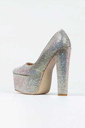 Gold Full Janjan Taşlı Klasik Sivri Kalın Topuklu Sivri Platformlu Kadın Abiye Ayakkabı Şık