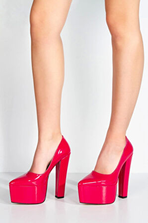 Fuşya Rugan Klasik Sivri Kalın Topuklu Sivri Platformlu Kadın Abiye Ayakkabı Kadın Topuklu Şık