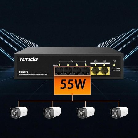 Tenda S106PC 6-Portlu 10/100 Mbps Lite PoE Uplink Switch (4 Port PoE Destekli 55W Toplam Güç)