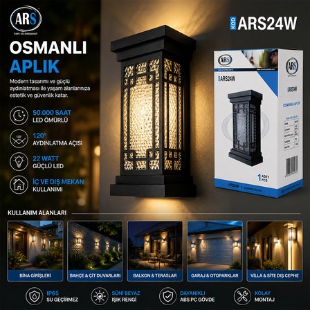 IP66 50.000 Saat Led Ömrü 22W Osmanlı Led Aplik Duvar Lambası ARS-348952