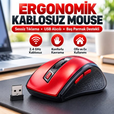 Kırmızı Renkli Baş Parmak Destekli Ergonomik Sessiz Kablosuz Mouse – USB Alıcılı, Ofis ve Oyun İçin Konforlu Bilgisayar Faresi MS6300
