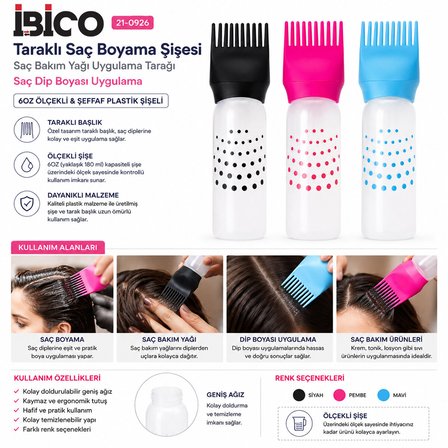 Saç Boyama Tarak Renkli Plastik 6OZ Ölçekli - Şeffaf Plastik Şişeli