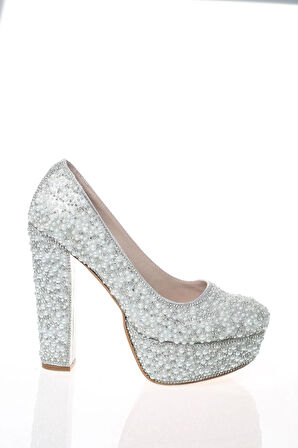 Kadın Gold Sultan Full Inci Taş Abiye Ayakkabı Kadın Topuklu Şık Gece Ayakkabısı Zarif Tasarım