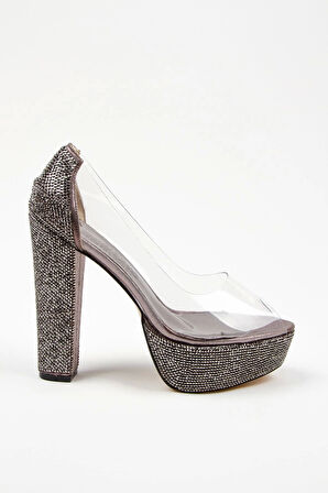 Rose Şeffaf Platformlu Ökçe Poli Taş Topuklu Kadın Abiye Ayakkabı Kadın Topuklu Şık Gece Ayakkabısı