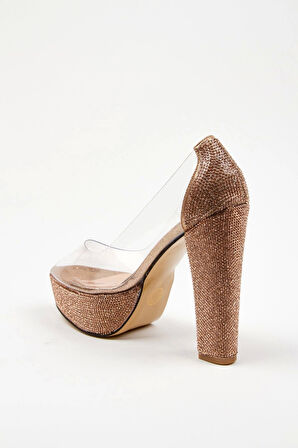 Rose Şeffaf Platformlu Ökçe Poli Taş Topuklu Kadın Abiye Ayakkabı Kadın Topuklu Şık Gece Ayakkabısı