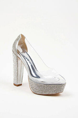 Rose Şeffaf Platformlu Ökçe Poli Taş Topuklu Kadın Abiye Ayakkabı Kadın Topuklu Şık Gece Ayakkabısı