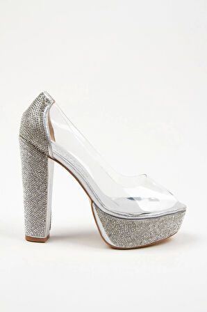 Rose Şeffaf Platformlu Ökçe Poli Taş Topuklu Kadın Abiye Ayakkabı Kadın Topuklu Şık Gece Ayakkabısı