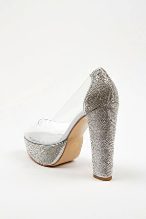 Rose Şeffaf Platformlu Ökçe Poli Taş Topuklu Kadın Abiye Ayakkabı Kadın Topuklu Şık Gece Ayakkabısı