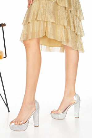 Rose Şeffaf Platformlu Ökçe Poli Taş Topuklu Kadın Abiye Ayakkabı Kadın Topuklu Şık Gece Ayakkabısı