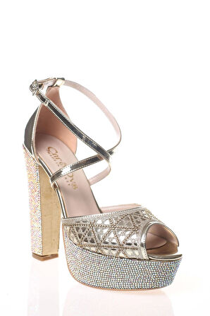 Kadın Gold Ayna Yüz Lazer Ökçe Poli Taş Abiye Ayakkabı Kadın Topuklu Şık Gece Ayakkabısı