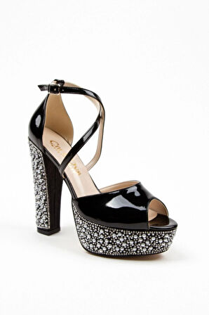 Siyah Rugan Ökçe Poli Inci Topuklu Kadın Abiye Ayakkabı Kadın Topuklu Şık Gece Ayakkabısı