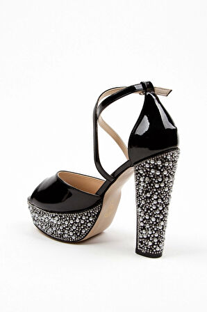 Siyah Rugan Ökçe Poli Inci Topuklu Kadın Abiye Ayakkabı Kadın Topuklu Şık Gece Ayakkabısı