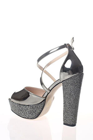 Kadın Gümüş Ayna Ökçe Poli Taş Abiye Ayakkabı Kadın Topuklu Şık Gece Ayakkabısı Zarif Tasarım