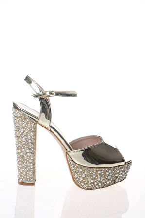 Kadın Altın Ayna Ökçe Poli İnci Abiye Ayakkabı Kadın Topuklu Şık Gece Ayakkabısı Zarif Tasarım