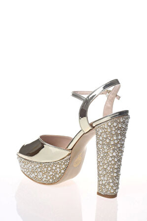 Kadın Altın Ayna Ökçe Poli İnci Abiye Ayakkabı Kadın Topuklu Şık Gece Ayakkabısı Zarif Tasarım