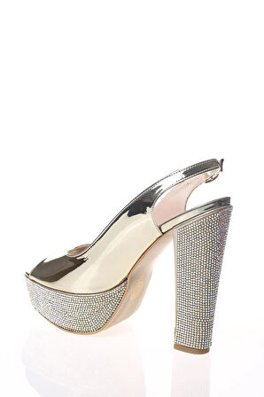 Kadın Gold Ayna Ökçe Poli Taş Abiye Ayakkabı Kadın Topuklu Şık Gece Ayakkabısı Zarif Tasarım